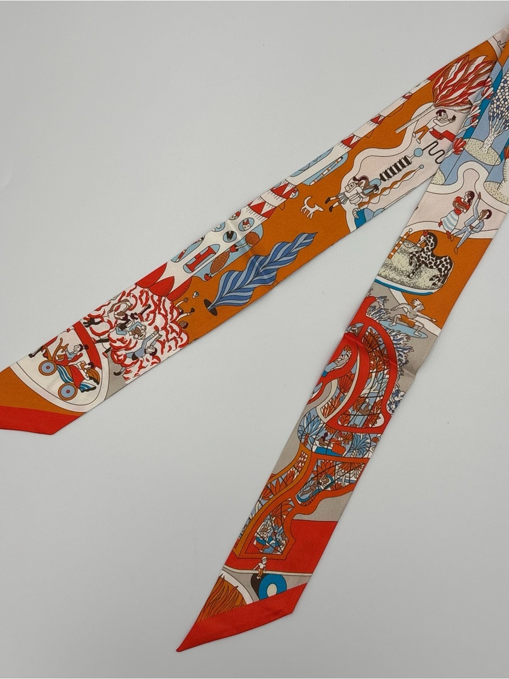 Hermes Splash Park Twilly Scarf Orange White Blue Multicolor Skinny Ribbon Wrap - Picture 2 of 6